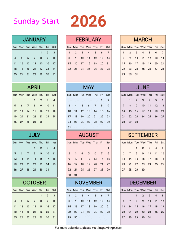 Free Printable Colorful Table 2026 Yearly Calendar (Sunday Start)