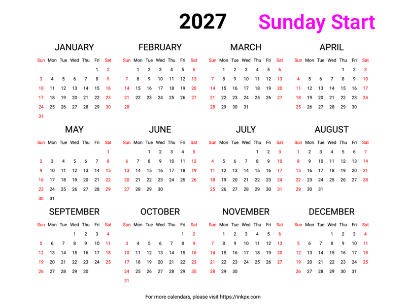 Free Printable Weekend Highlight 2027 Calendar (Landscape, Sunday Start)