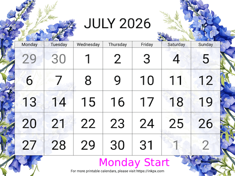 Free Printable Large Delphinium July 2026 Calendar (Monday Start)