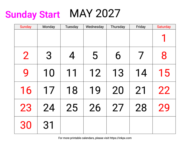 Free Printable Large Font Weekend Highlighted May 2027 Calendar (Sunday ...