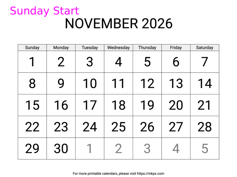 Free Printable Large November 2026 Calendar (Sunday Start)
