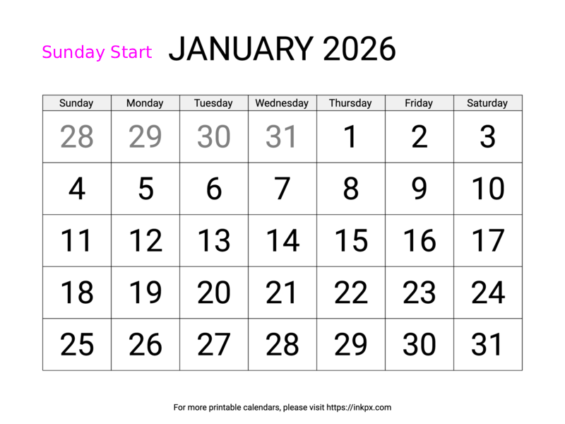 Free Printable Large Font January 2026 Calendar (Sunday Start)