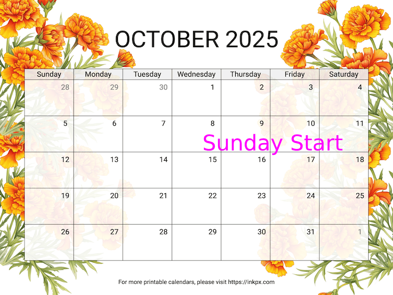 Free Printable Marigold October 2025 Calendar (Sunday Start)