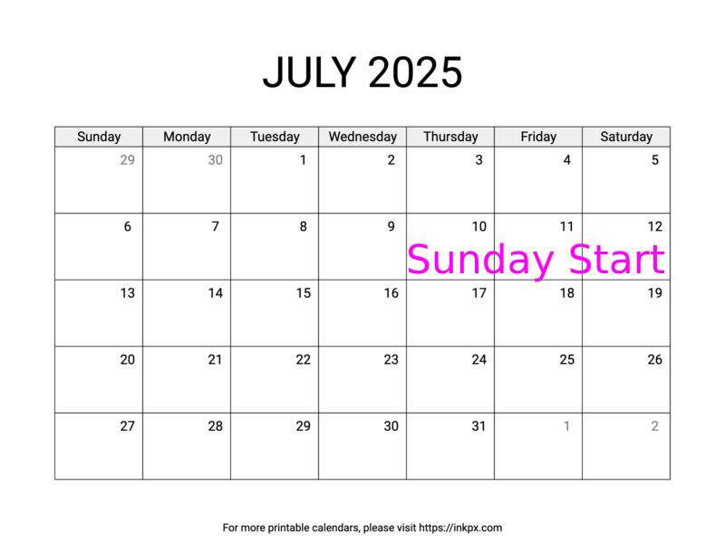 Free Printable Simple July 2025 Calendar (Sunday Start)