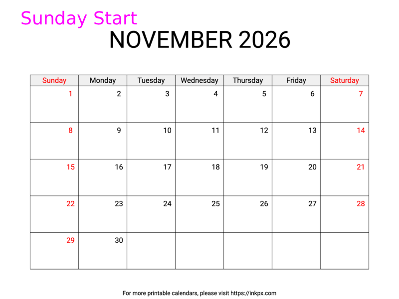 Free Printable Weekend Highlighted November 2026 Calendar (Sunday Start)