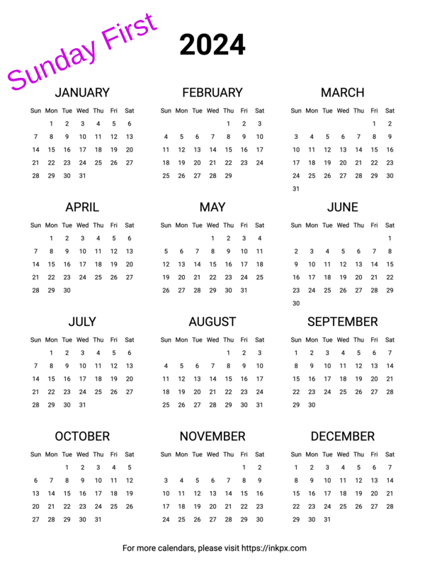Printable Blank Clean 2024 Yearly Calendar (Sunday First)