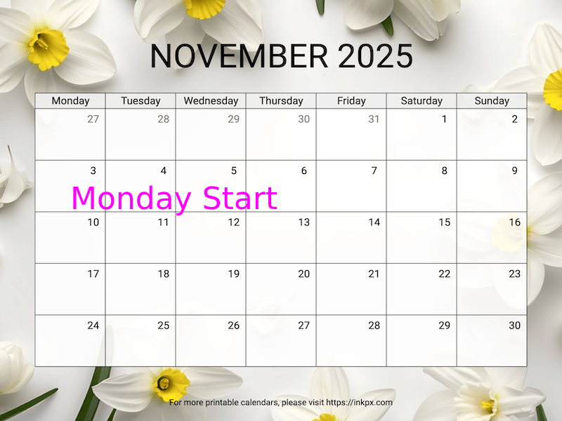 Free Printable Narcissus November 2025 Calendar (Monday Start)