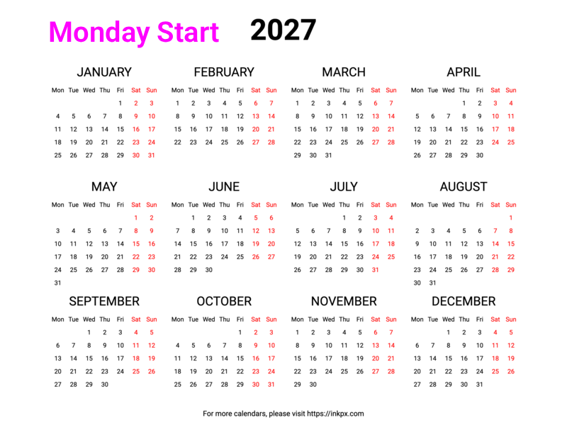 Free Printable Weekend Highlight 2027 Calendar (Landscape, Monday Start)