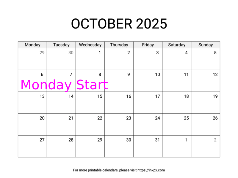 Free Printable Simple October 2025 Calendar (Monday Start)