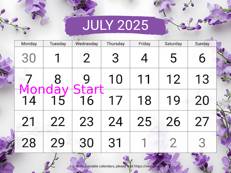 Free Printable Large Larkspur July 2025 Calendar (Monday Start)