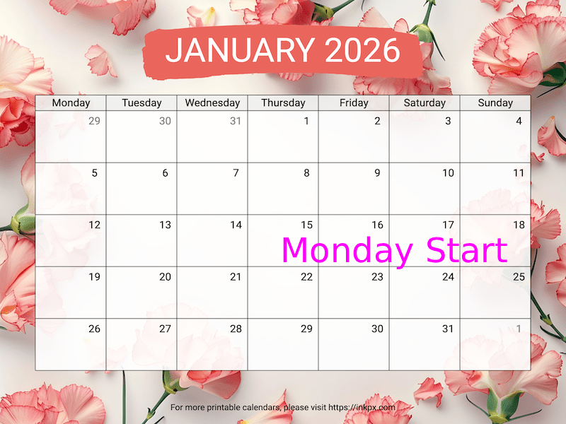 Free Printable Carnation Background January 2026 Calendar (Monday Start)