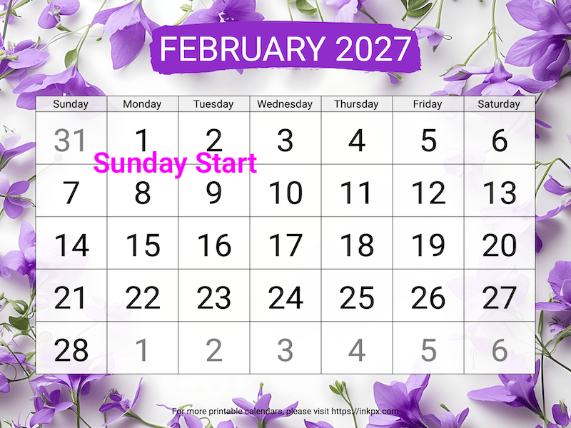 Free Printable Violet Large February 2027 Calendar (Sunday Start)