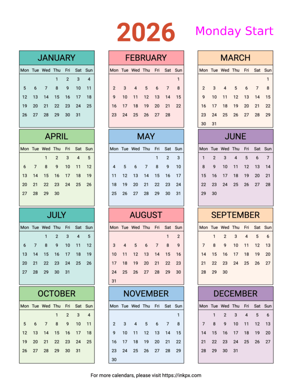Free Printable Colorful Table 2026 Yearly Calendar (Monday Start)