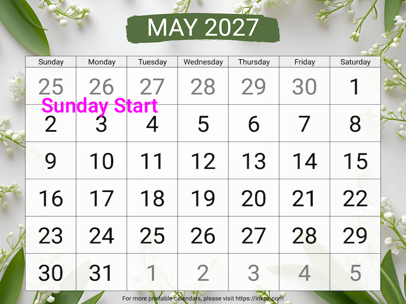 Free Printable Large Lily of the Valley May 2027 Calendar (Sunday Start)