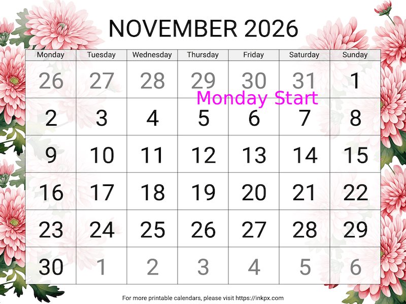 Free Printable Large Chrysanthemum November 2026 Calendar (Monday Start)