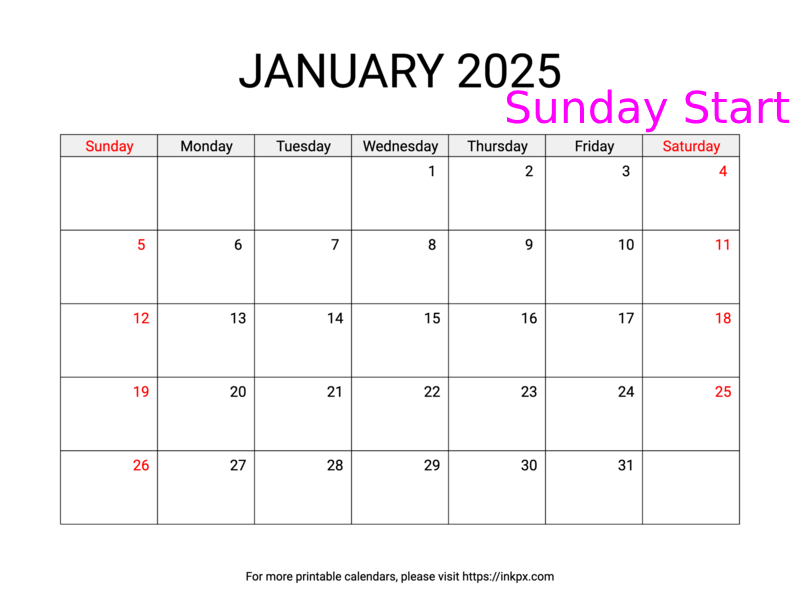 Free Printable Weekend Highlighted January 2025 Calendar (Sunday Start)