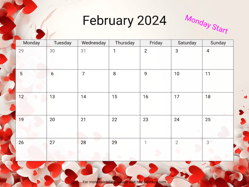 Printable Valentine's Day Theme February 2024 Calendar(Monday Start