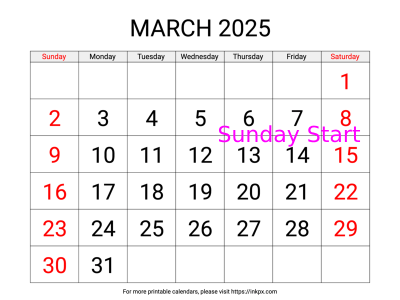 Free Printable Large Weekend Highlighted March 2025 Calendar (Sunday Start)