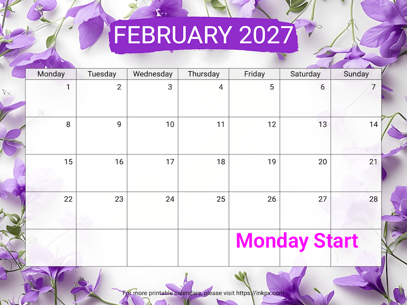 Free Printable Violet February 2027 Calendar (Monday Start)