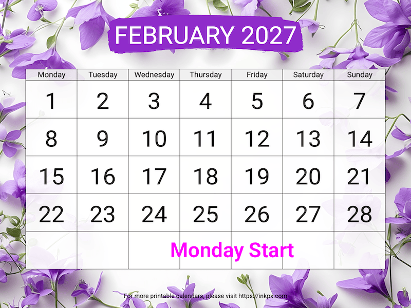 Free Printable Violet Large February 2027 Calendar (Monday Start)