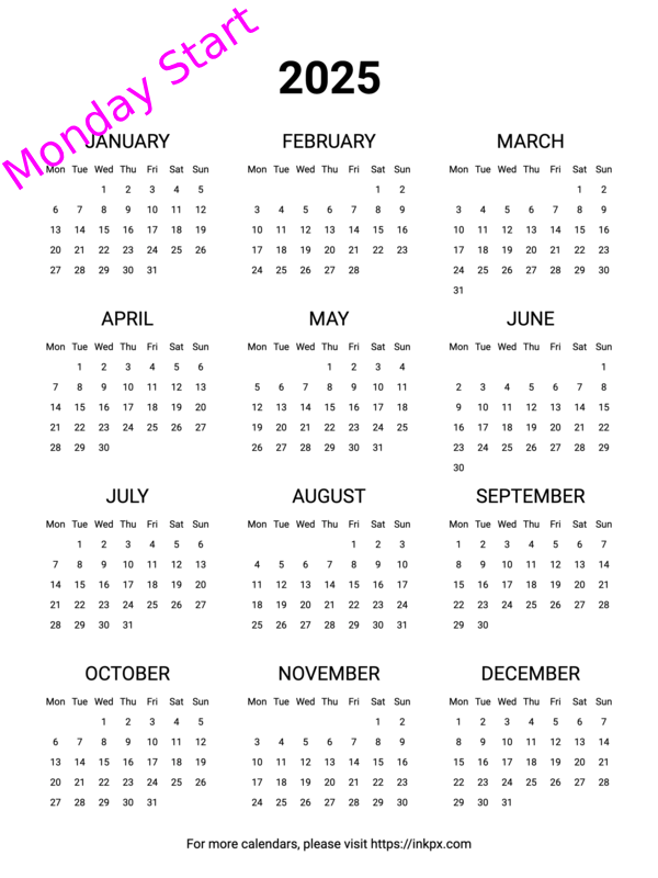 Free Printable Minimalist 2025 Yearly Calendar(Monday Start) · InkPx