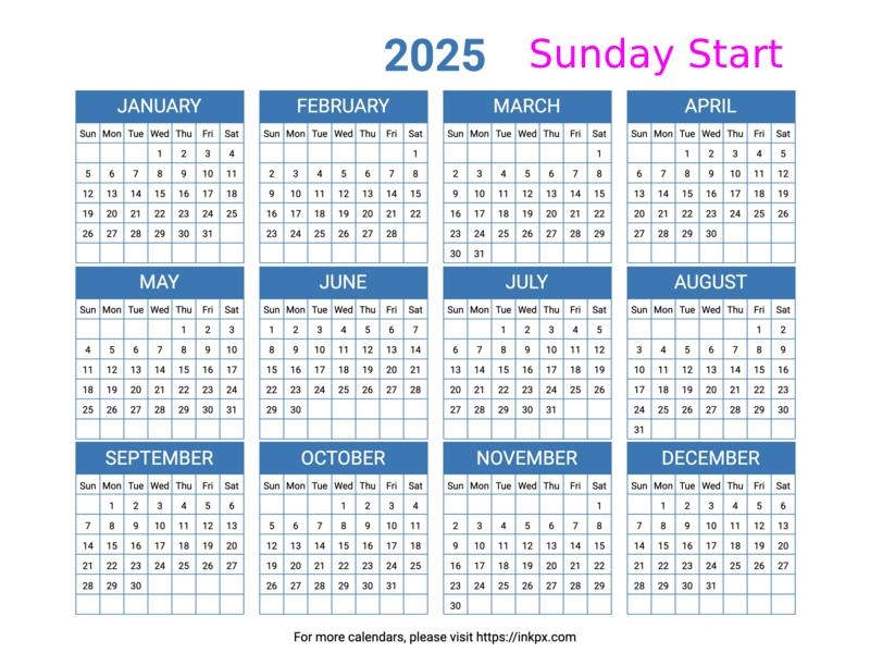 Free Printable Minimalist Blue Table 2025 Calendar(Landscape, Sunday Start)