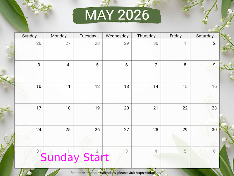 Free Printable Lily of the Valley Background May 2026 Calendar (Sunday Start)