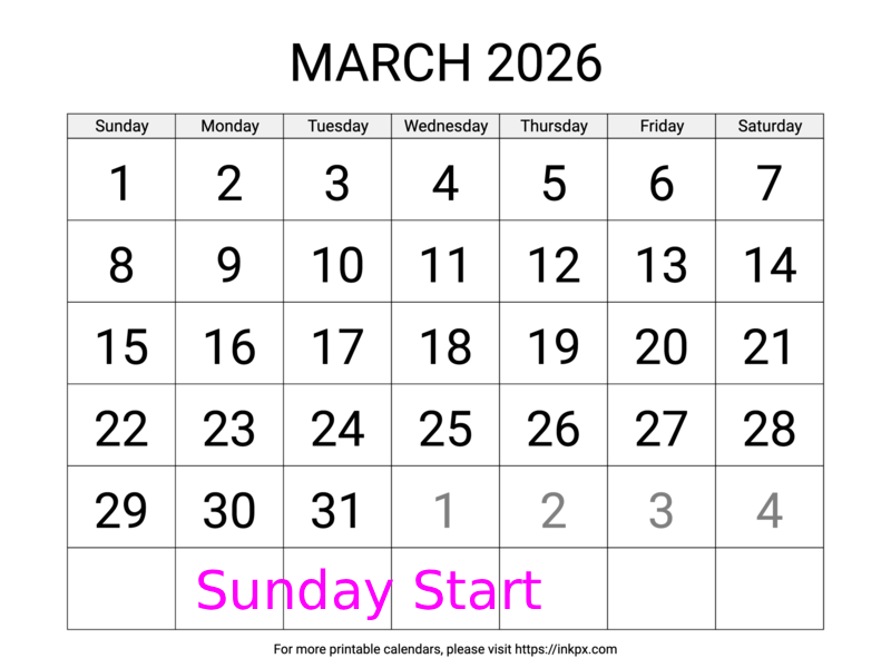 Free Printable Large March 2026 Calendar (Sunday Start)