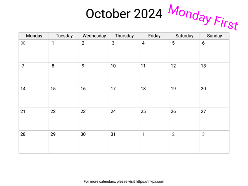 Printable Blank October 2024 Calendar (Monday First)