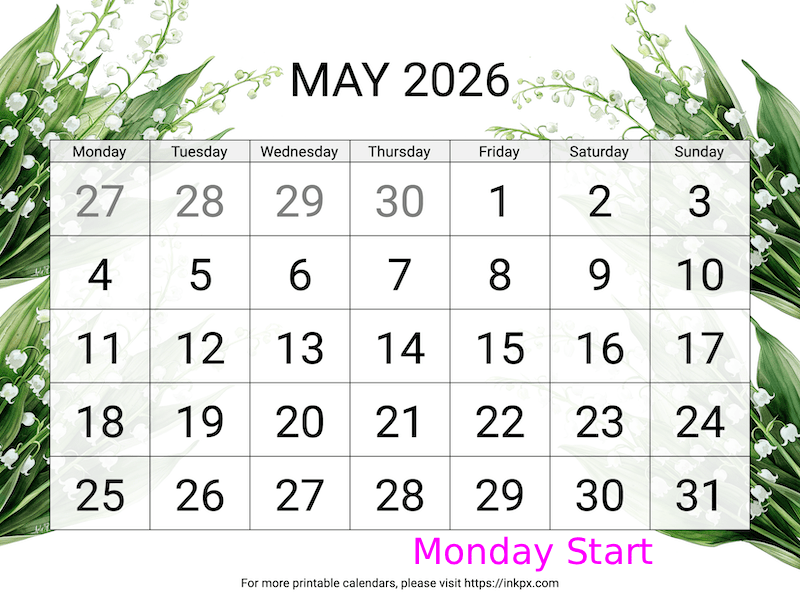 Free Printable Large Lily of the Valley May 2026 Calendar (Monday Start)