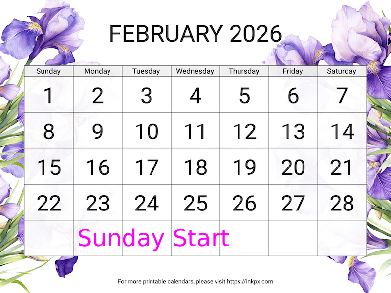 Free Printable Irises Large February 2026 Calendar (Sunday Start)