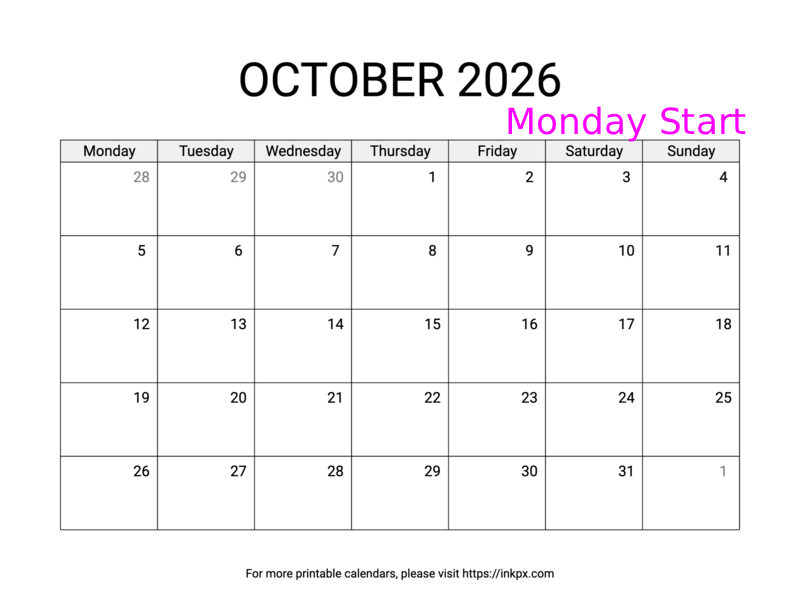 Free Printable Simple October 2026 Calendar (Monday Start)