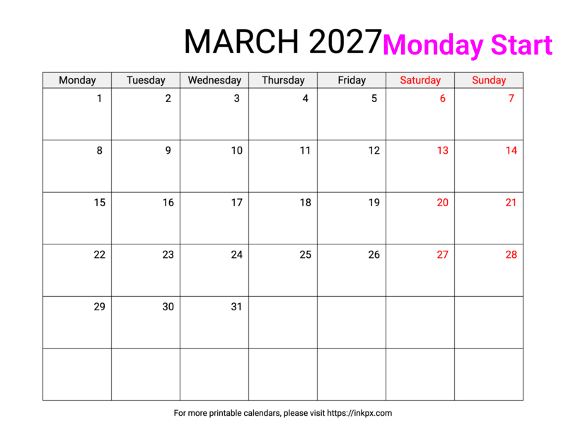 Free Printable Weekend Highlighted March 2027 Calendar (Monday Start)