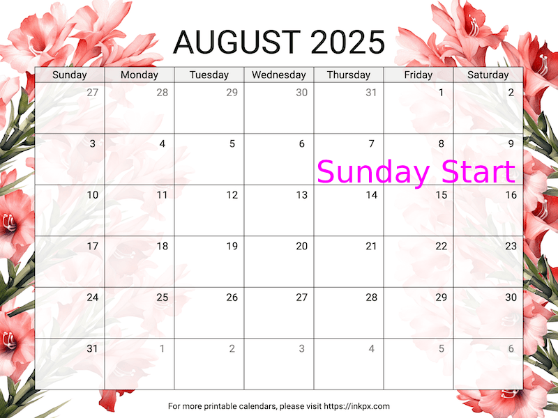 Free Printable Gladiolus August 2025 Calendar (Sunday Start)