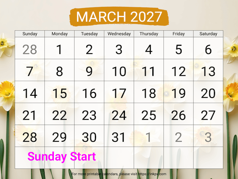 Free Printable Large Daffodil Background March 2027 Calendar (Sunday Start)