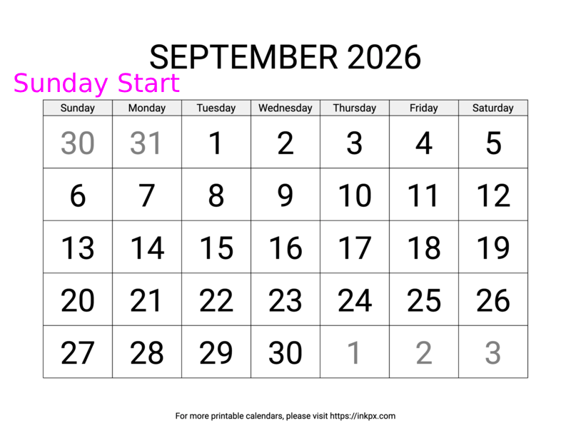 Free Printable Large September 2026 Calendar (Sunday Start)