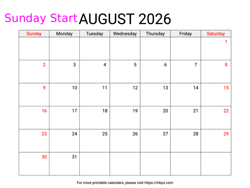 Free Printable Weekend Highlighted August 2026 Calendar (Sunday Start)