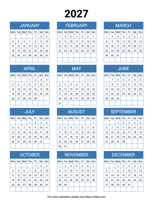 Free Printable Minimalist Blue Table 2027 Yearly Calendar (Monday Start)