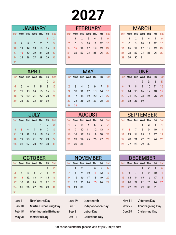 Free Printable Weekend Highlight Colorful Table 2027 Calendar with Highlighted US Holiday