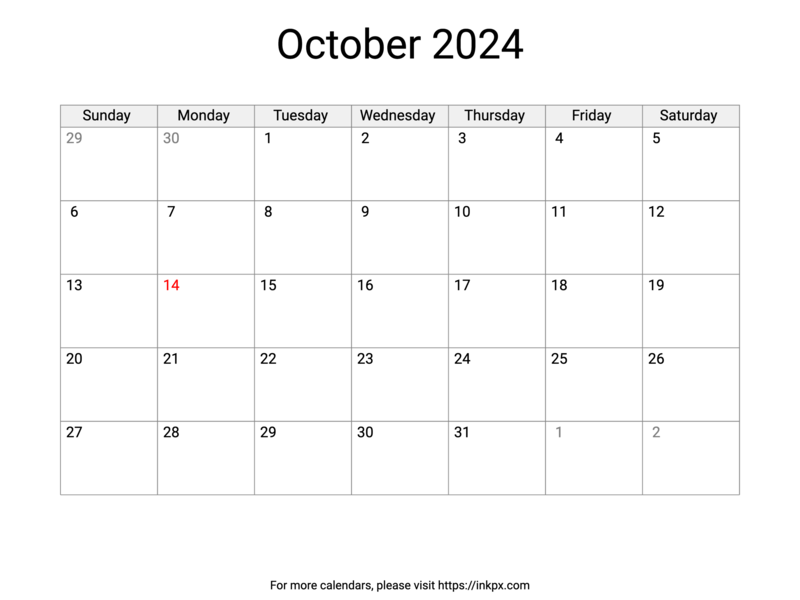 Printable October 2024 Calendar with US Holidays · InkPx