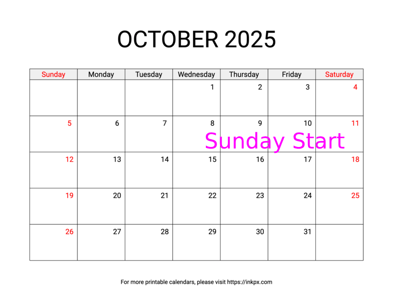 Free Printable Weekend Highlighted October 2025 Calendar (Sunday Start)