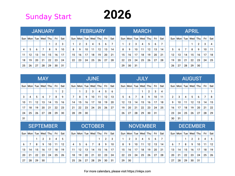 Free Printable Minimalist Blue Table 2026 Calendar (Landscape, Sunday Start)