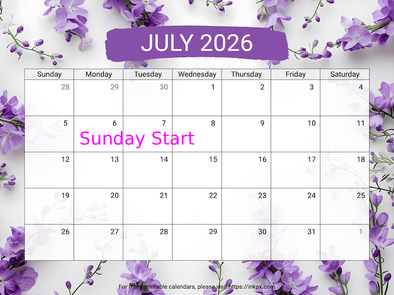 Free Printable Larkspur July 2026 Calendar (Sunday Start)
