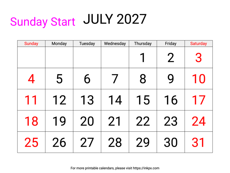 Free Printable Large Font Weekend Highlighted July 2027 Calendar (Sunday Start)