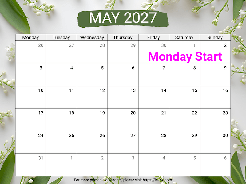 Free Printable Lily of the Valley Background May 2027 Calendar (Monday Start)