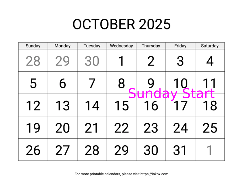 Free Printable Large October 2025 Calendar (Sunday Start)