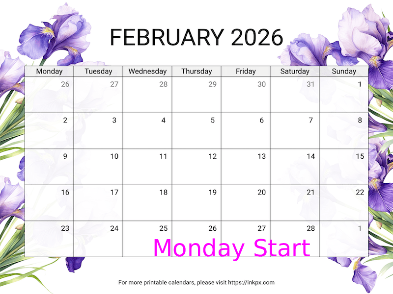 Free Printable Irises February 2026 Calendar (Monday Start)