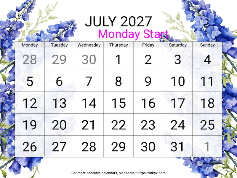 Free Printable Large Font Delphinium July 2027 Calendar (Monday Start)