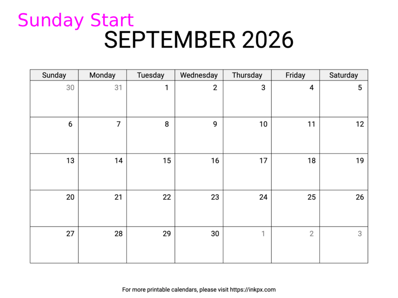 Free Printable Simple September 2026 Calendar (Sunday Start)