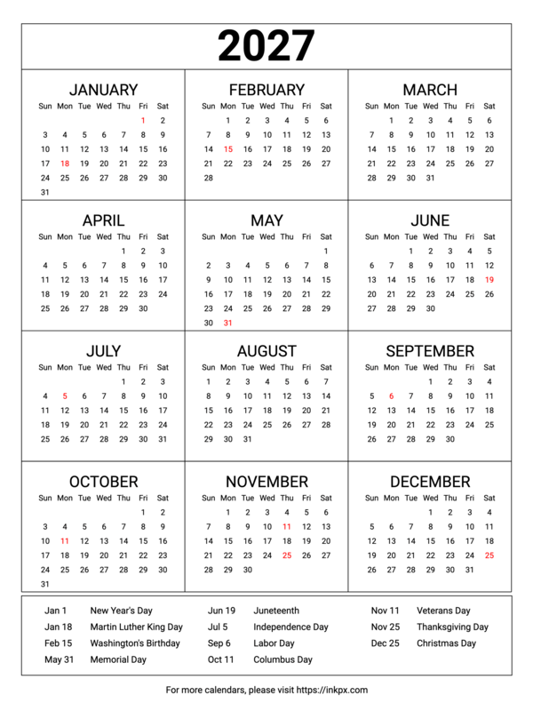 Free Printable Minimalist Table 2027 Yearly Calendar with Highlighted US Holiday